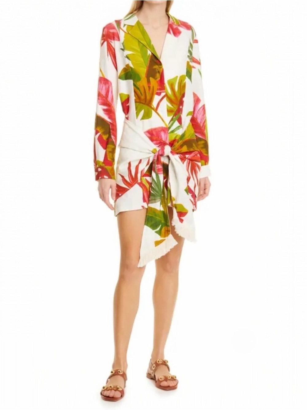FARM Rio Spring Forest Floral Front Wrap Long Sleeve Shirt Mini Dress NEW Small